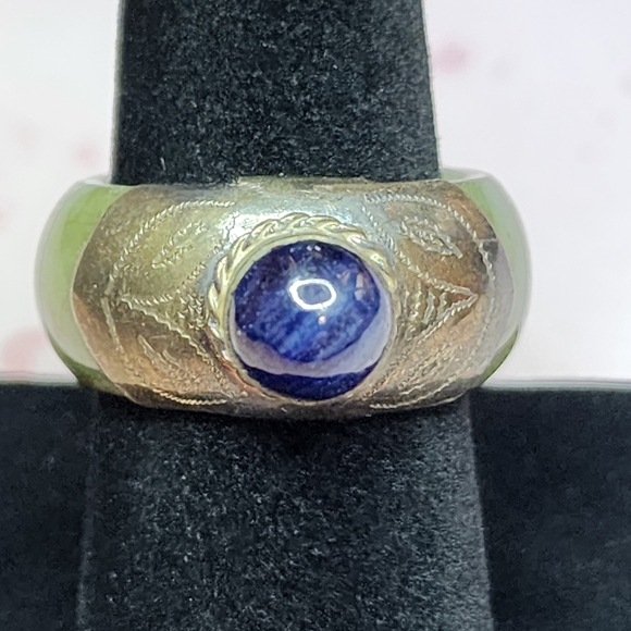 Burmese Jade, Sapphire, and Sterling Ring - Picture 1 of 5